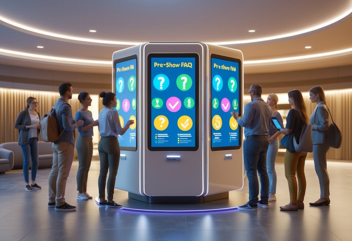 A 3D scene showing people interacting with a modern information kiosk in a spacious lobby before a show.