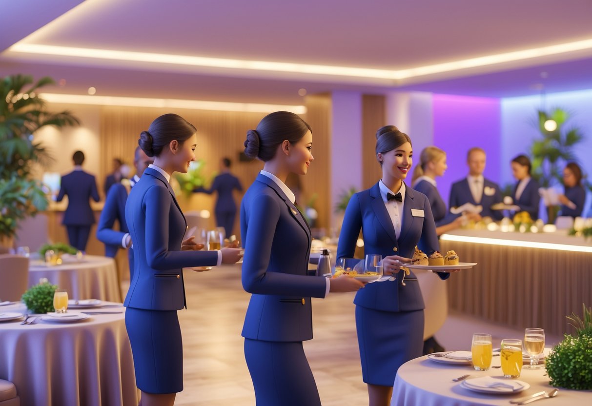 A busy hospitality venue with event staff serving guests and managing the space during an event.