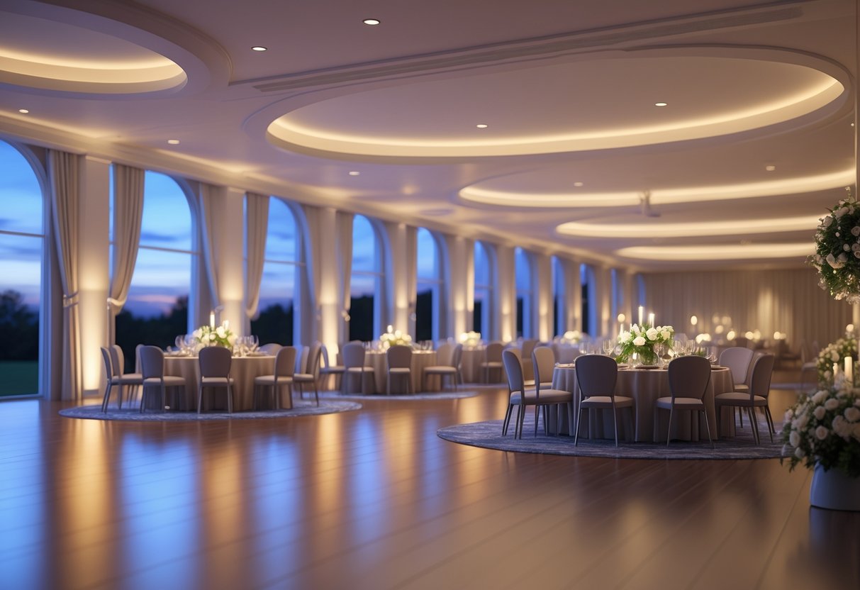 Interior of an elegant event venue with tables and chairs arranged for a formal gathering, soft lighting, and decorative elements creating a warm and inviting atmosphere.