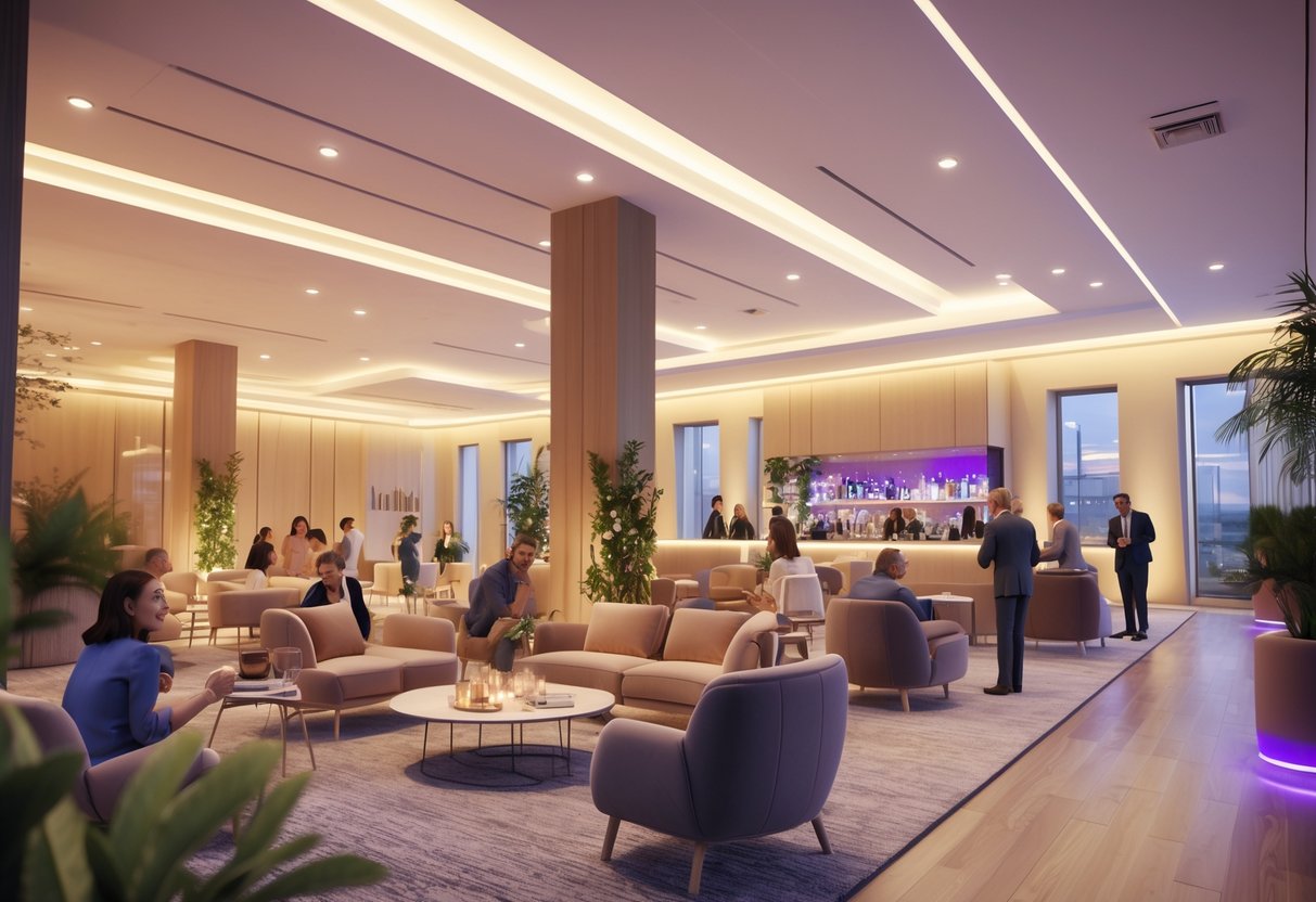 Interior of a spacious event hall with warm lighting, comfortable seating, people socialising, and decorative plants creating a welcoming atmosphere.