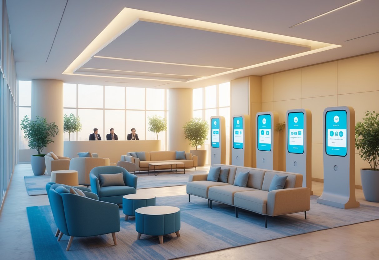 A spacious venue interior with comfortable seating, warm lighting, plants, and digital kiosks, creating a welcoming atmosphere for visitors.