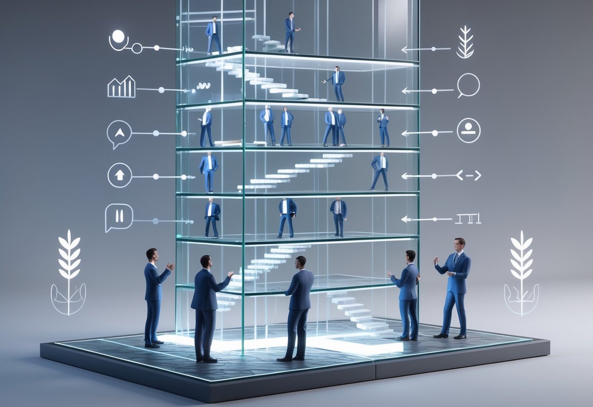 A 3D scene showing a multi-level structure representing coaching career roles from junior coach at the bottom to head coach at the top, with figures standing on each level connected by glowing pathways.