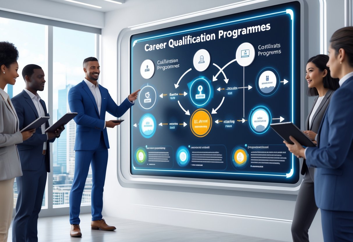 A coach guiding a diverse group of people through a career progression roadmap displayed on a digital board in a modern office.
