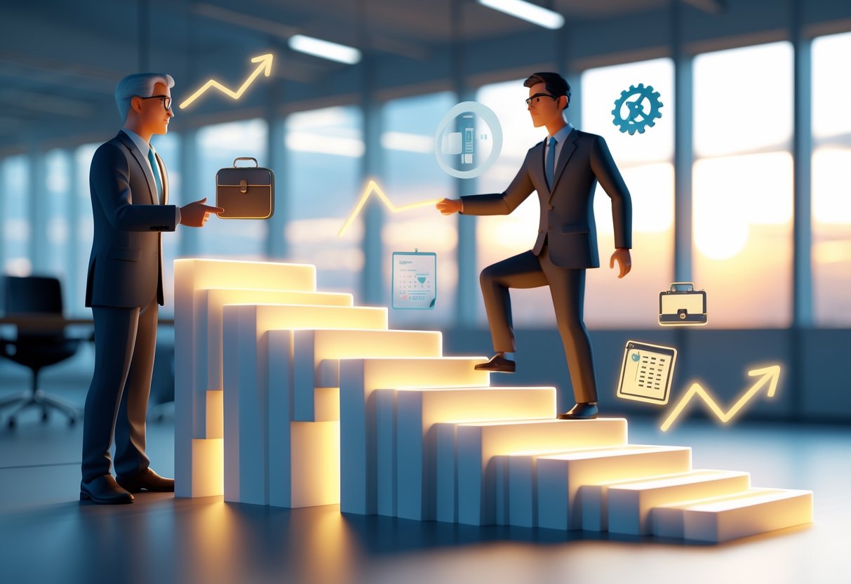 A mentor guiding a younger person up a glowing staircase in a modern office, symbolising career progression and support.