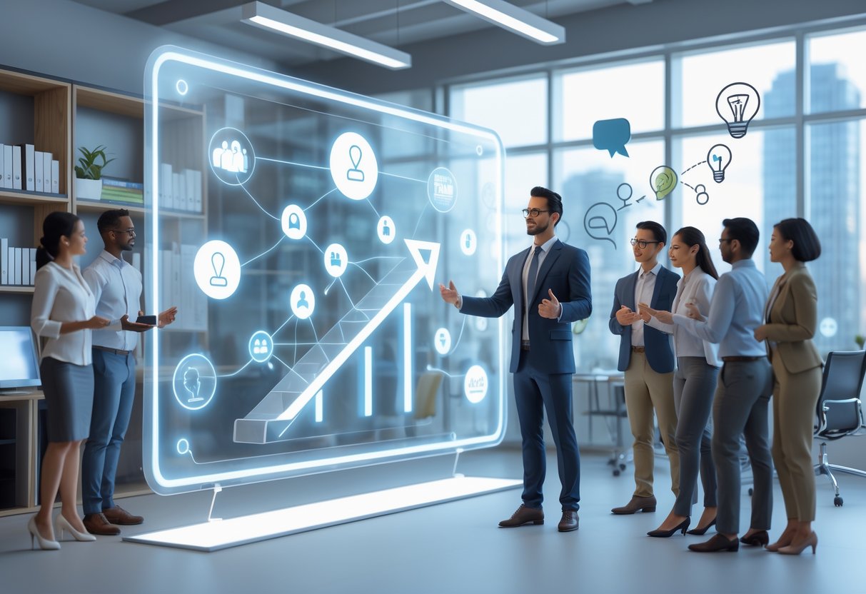A coach stands beside a digital screen showing icons of communication and problem-solving, with people collaborating in an office environment symbolising career growth.
