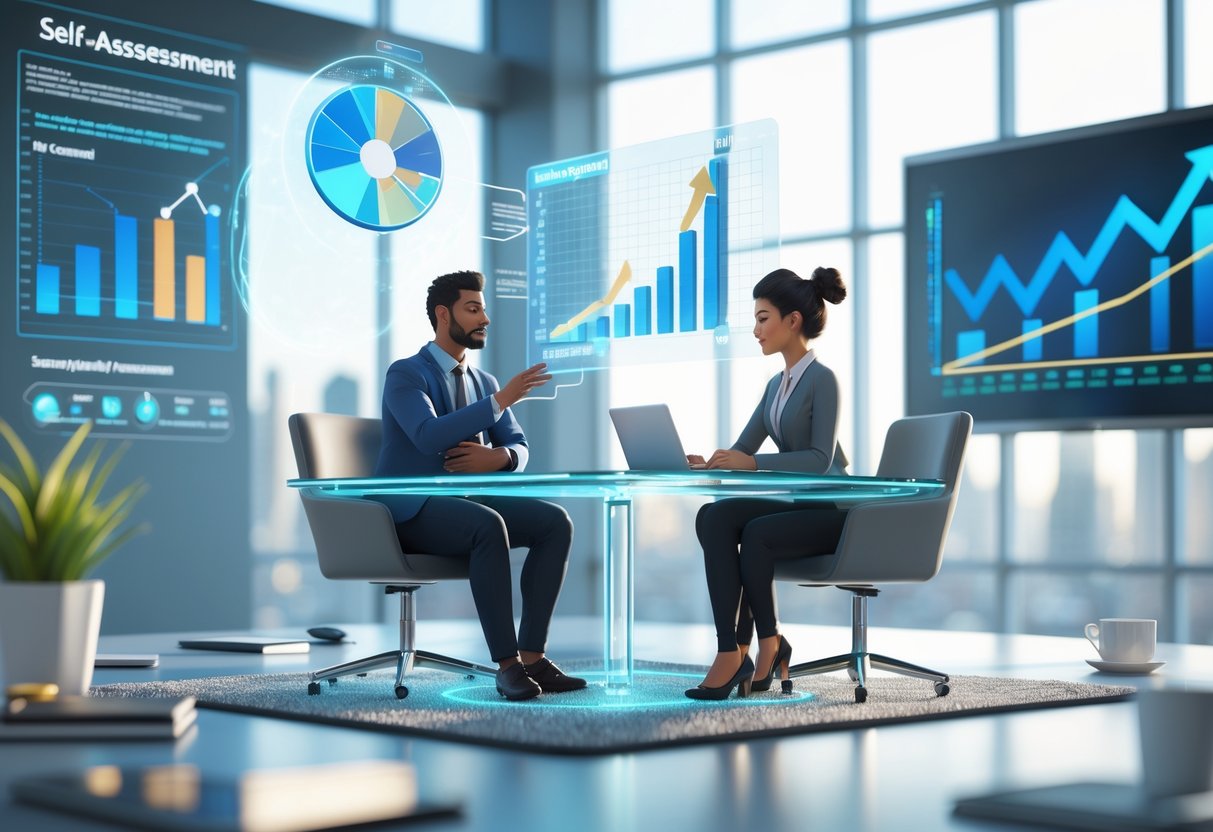 A coach and client discussing career progression in a bright office with floating charts and graphs showing growth and goals.