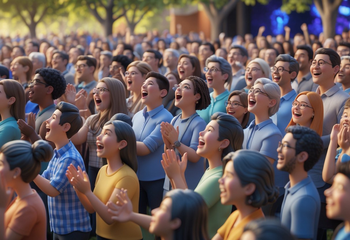 A diverse crowd of people outdoors showing a range of natural reactions like surprise, joy, and curiosity while watching an event.