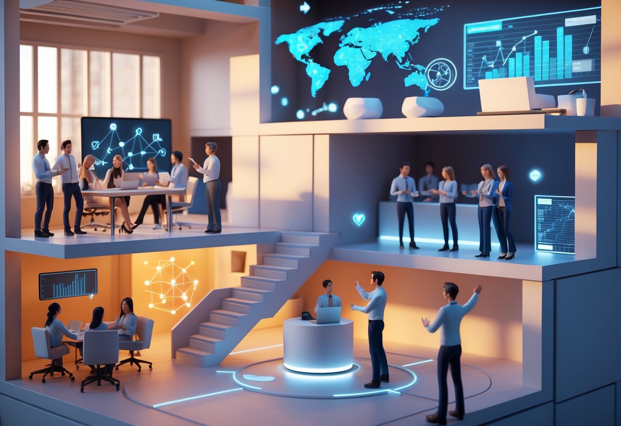 A 3D scene showing a Networking and Collaboration coach progressing through stages of their career, from small group workshops to leading team meetings and presenting at a conference.