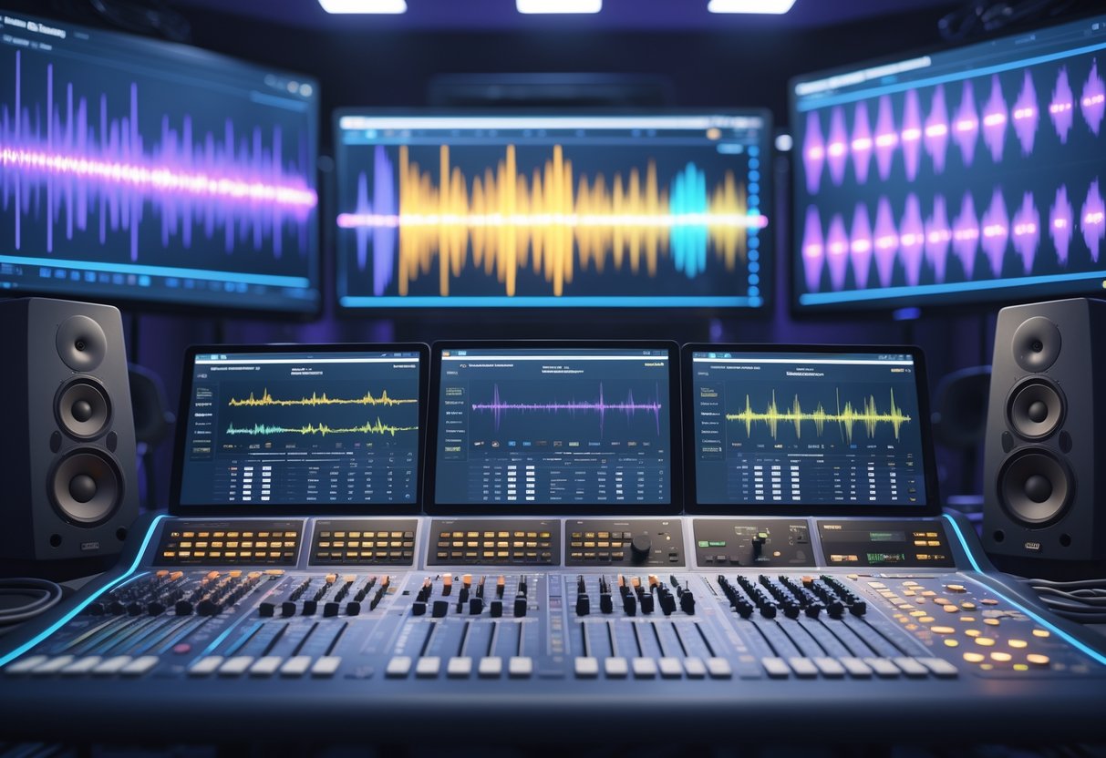 A professional audio editing studio with mixing consoles, screens showing sound waveforms, and speakers used for enhancing crowd reactions.