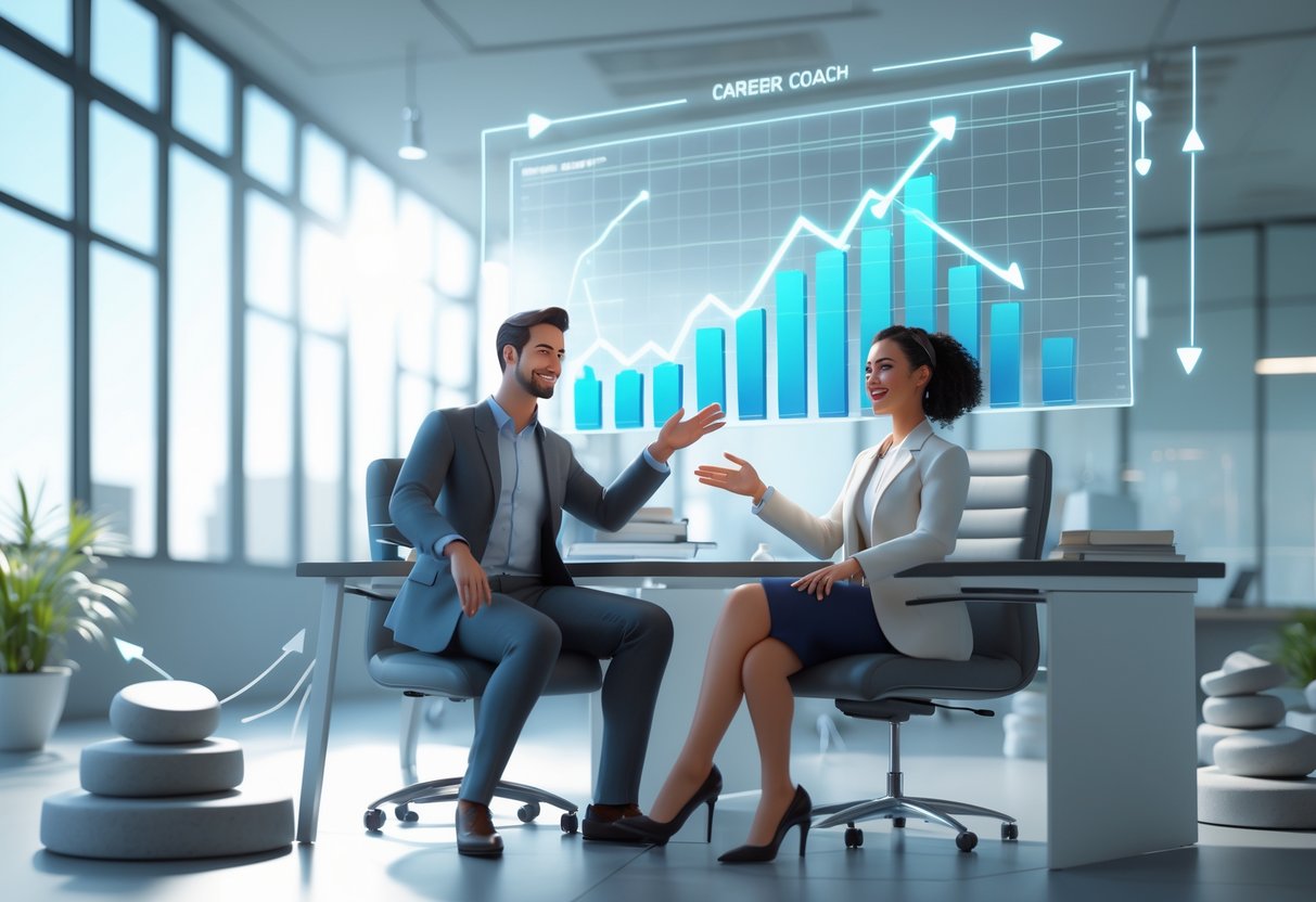 A career coach and a young professional discussing career progression at a desk with floating digital charts and symbols of growth in a bright office.