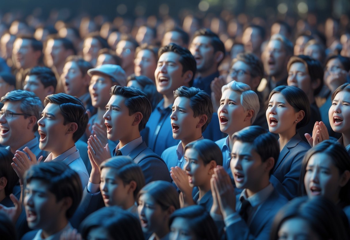A crowd of people showing different emotions like happiness, anxiety, and fear, reacting together at a public event.