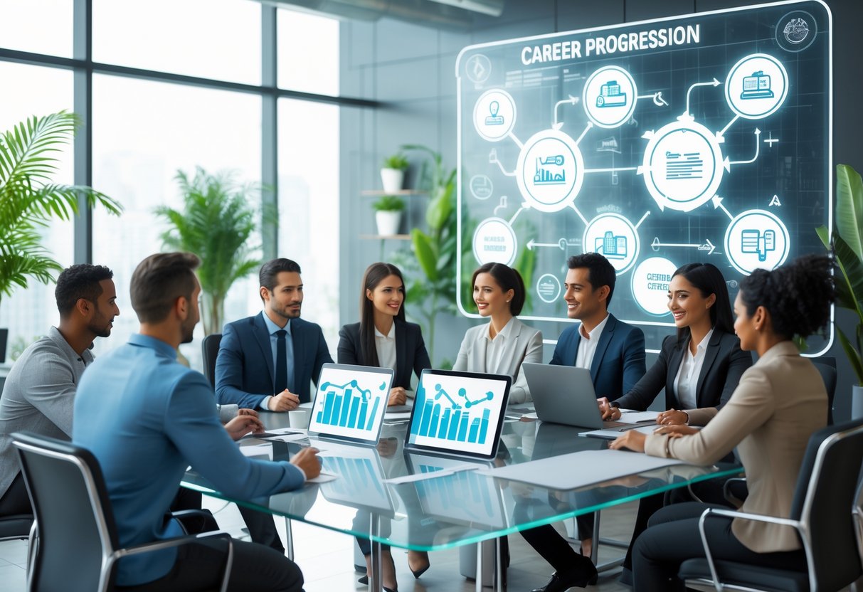 A group of people in an office discussing career progression with digital devices and a large screen showing career development icons.