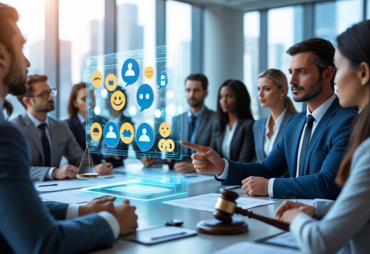 A group of people in a conference room with a lawyer presenting legal aspects related to crowd reactions using holographic icons.