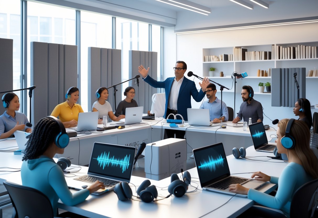 A group of people in a bright room participating in a voice training workshop with microphones, computers, and an instructor demonstrating techniques.