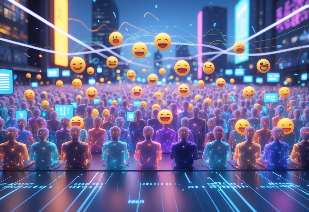 A large group of people gathered outdoors showing various emotional reactions with colourful light effects and digital symbols floating above them in a modern city setting.