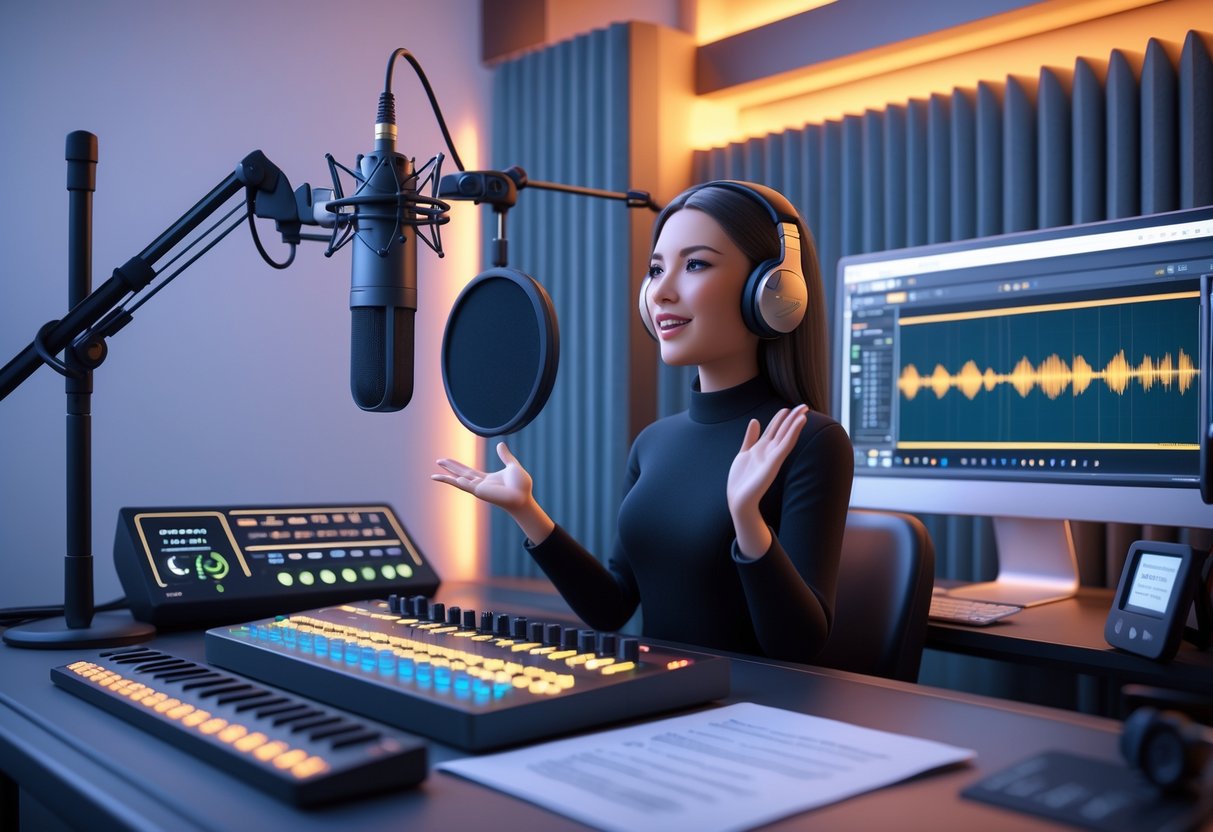 A person wearing headphones speaking into a microphone in a professional recording studio with soundproof panels and audio equipment.