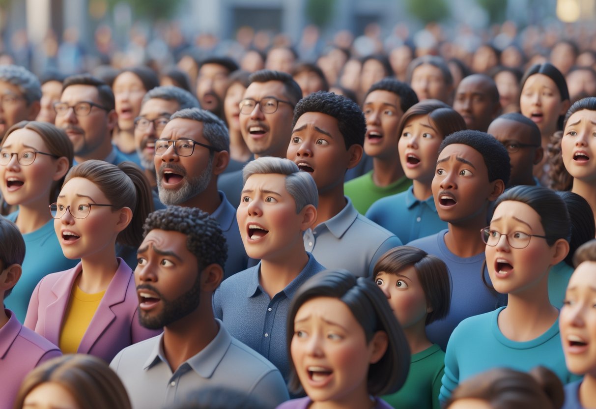 A diverse group of people showing different emotional reactions in a crowded public space.