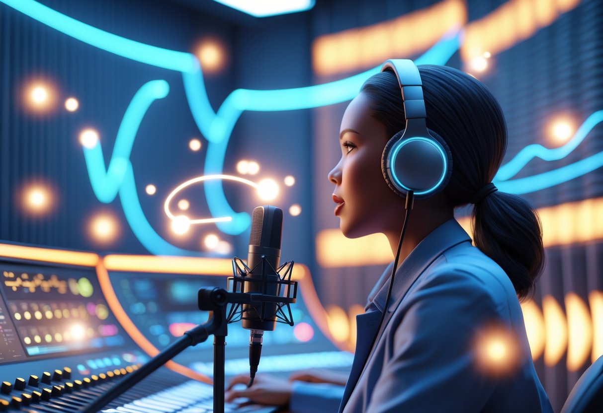 A person wearing headphones speaking into a microphone in a recording studio with glowing sound waves and light orbs around them, symbolising focus and motivation.
