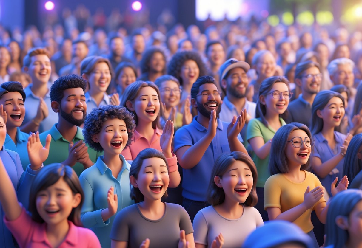A large crowd of people outdoors reacting with cheering, clapping, and smiling expressions.