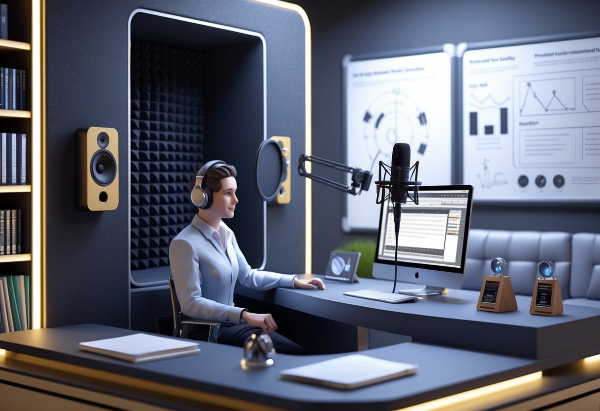 A voice artist wearing headphones working in a recording studio with a microphone, computer, and soundproofing panels.