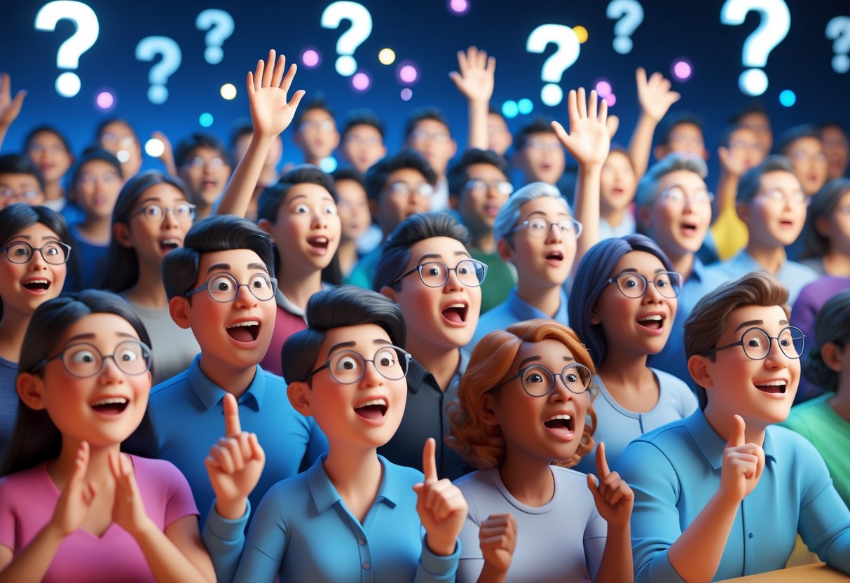 A diverse crowd of people showing curiosity and excitement as they react together in an open space.
