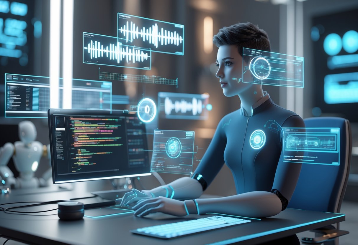 A person wearing a headset interacts with floating holographic displays showing voice waveforms and coding scripts in a futuristic workspace.