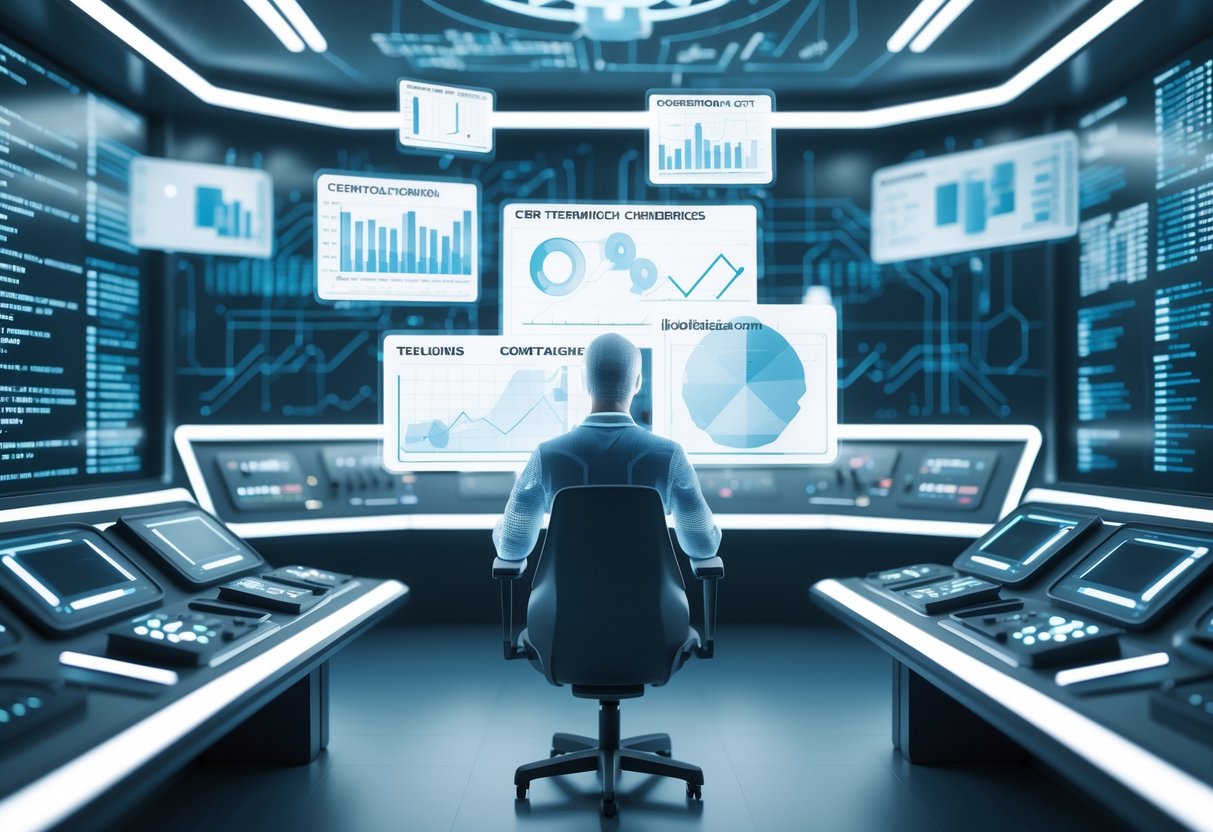 A futuristic control room with a semi-transparent human figure observing multiple floating holographic charts and data displays surrounded by advanced consoles and digital interfaces.