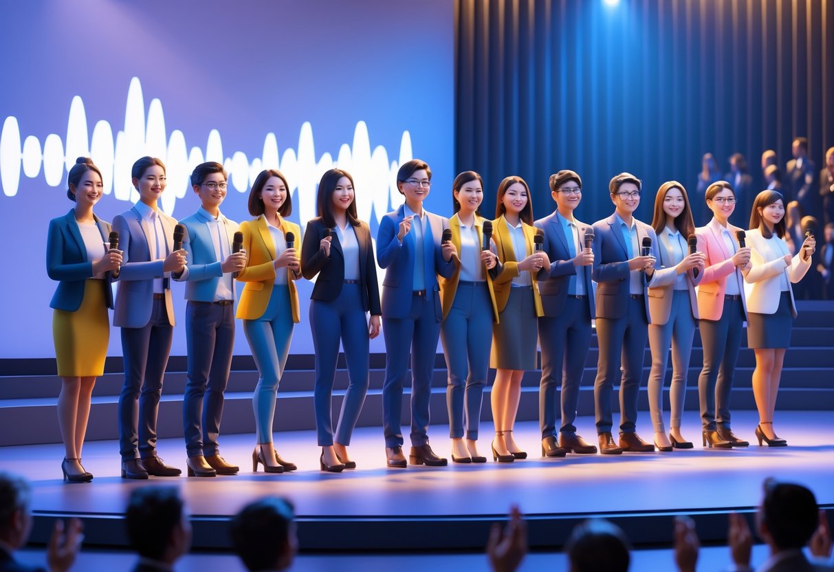 A group of people standing on a stage holding microphones, smiling confidently with an audience applauding behind them.