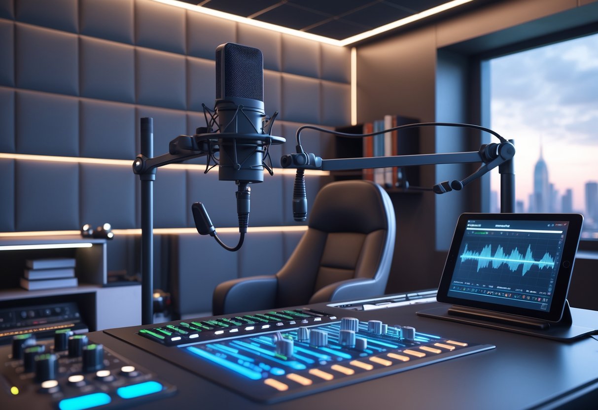 A 3D scene of a voice training studio with a microphone, mixing console, tablet, and books, all arranged in a professional recording booth.