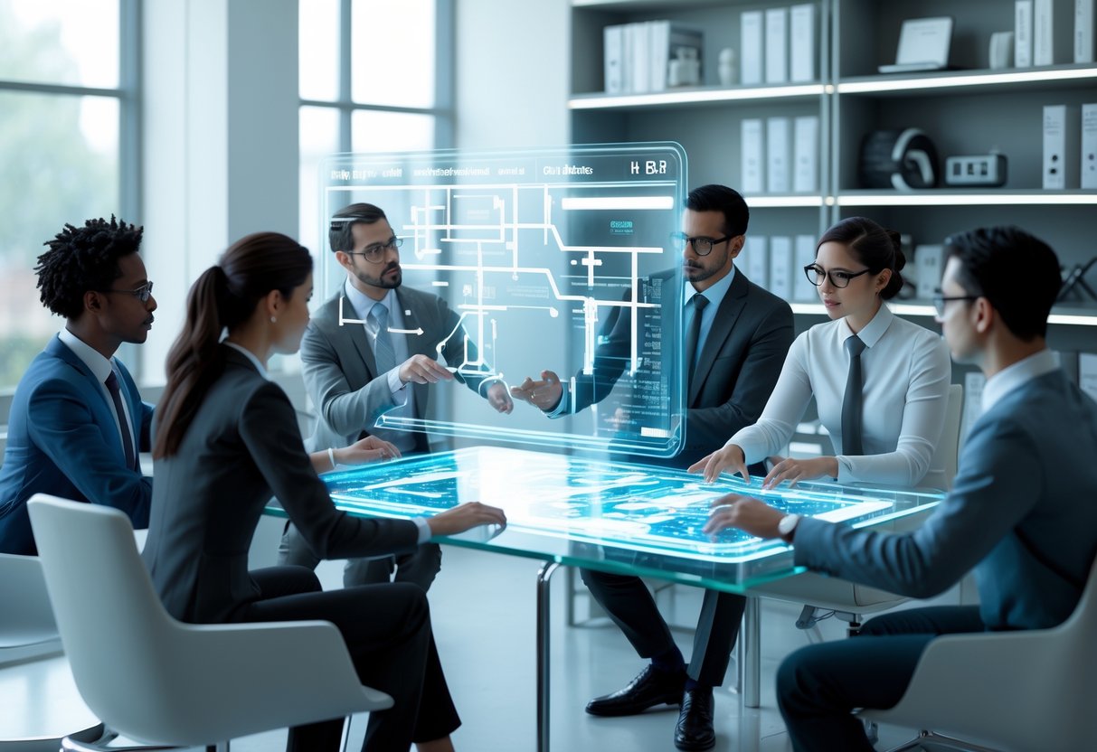 A group of professionals collaborating around a table with a transparent digital screen showing charts and data in a modern office.