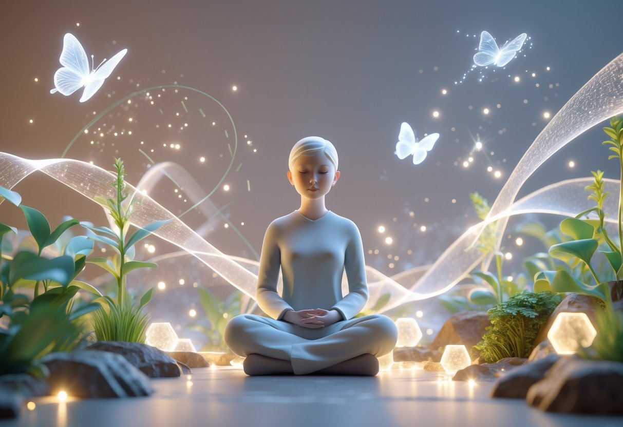 A calm person sitting cross-legged surrounded by plants and glowing abstract shapes, observing their environment with focused attention.