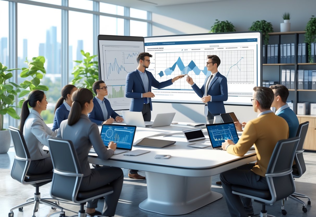 A group of professionals in a bright office attending a workshop on technical skills, with one person presenting data on a digital whiteboard while others listen and take notes.