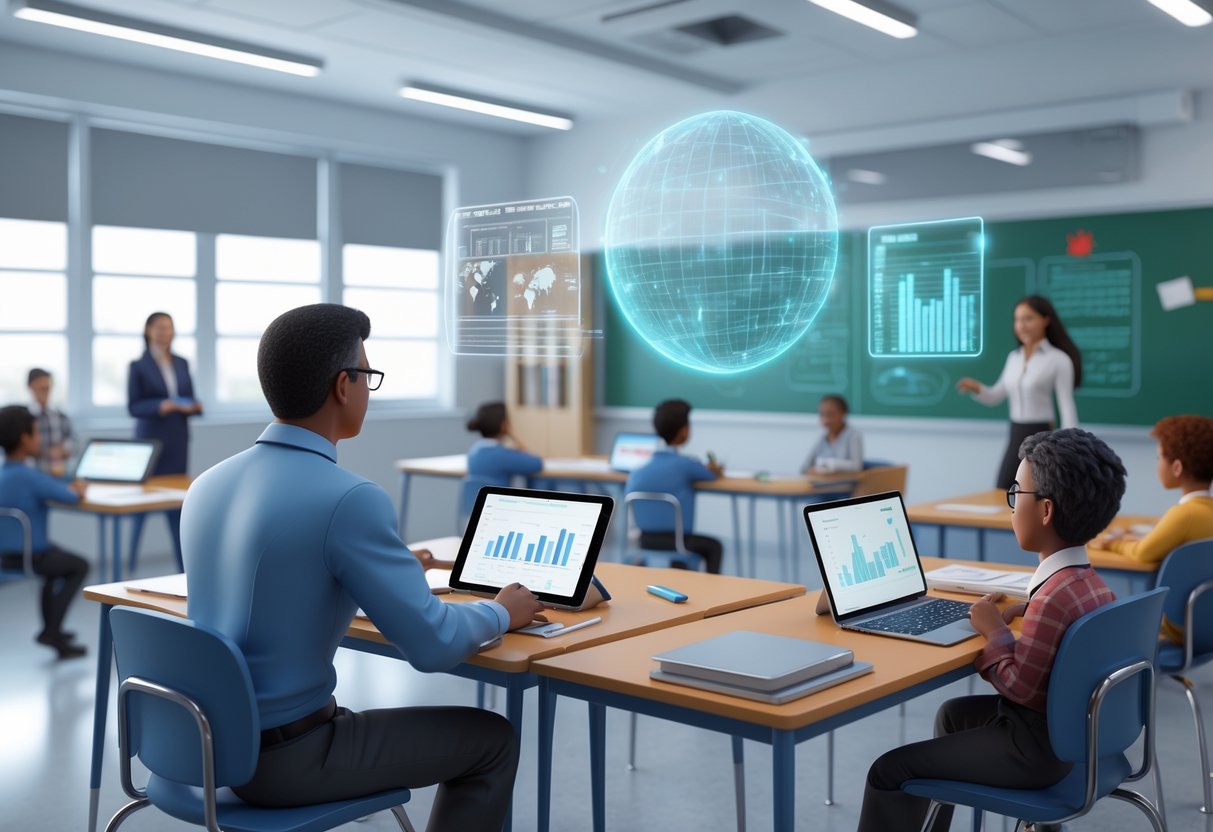 An observer in a classroom using a tablet and laptop to watch a teacher engaging students with interactive tools, surrounded by educational materials and digital data visuals.