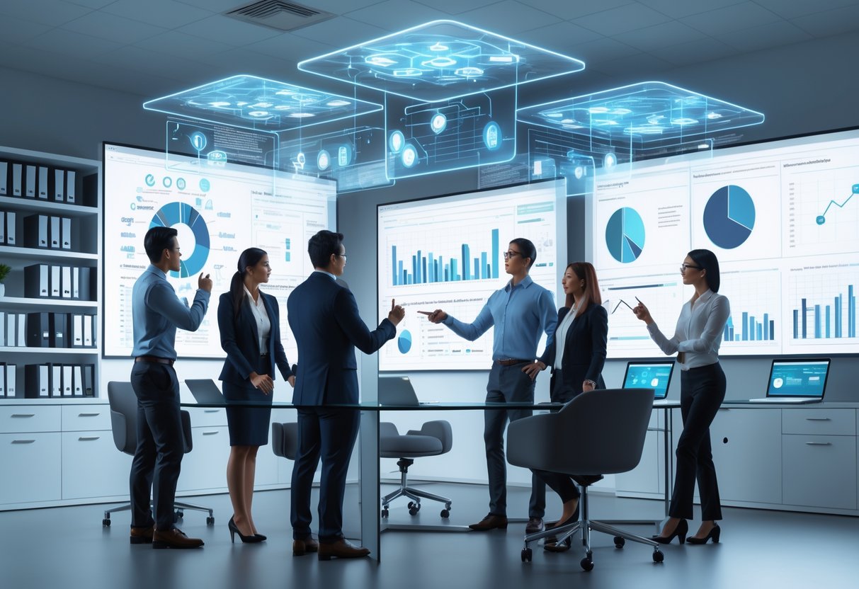 A group of professionals working together around a table with floating digital charts and diagrams in a modern office setting.