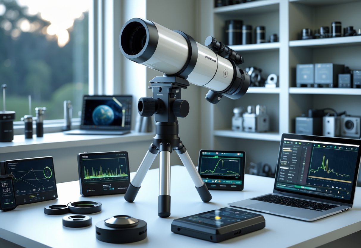 A workspace with a telescope, technical instruments, and a laptop displaying data, showing tools used for observation and technical skills.