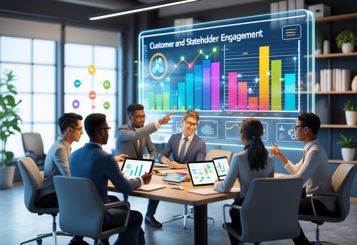 A group of diverse professionals collaborating around a table with a large digital screen showing graphs and charts in a bright office.