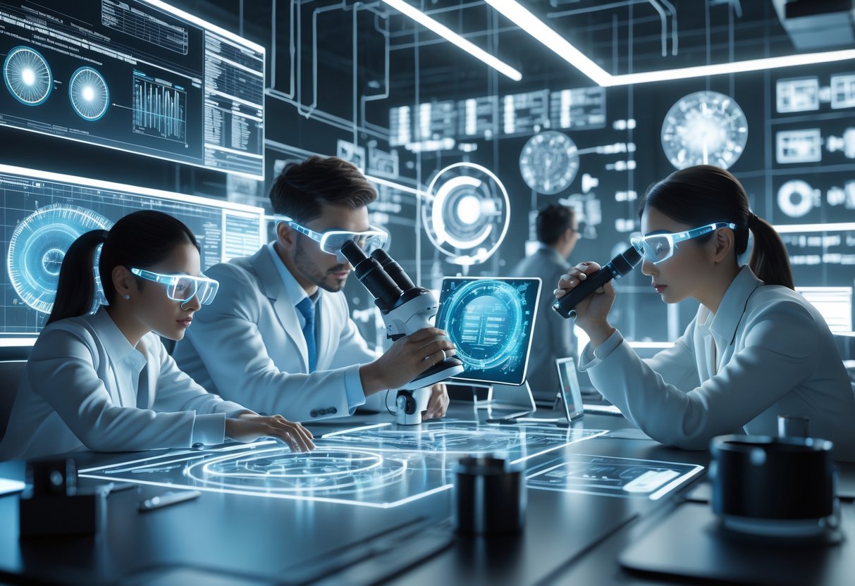 A modern workspace with professionals using advanced digital screens, optical instruments, and holographic interfaces to analyse data and monitor technical systems.