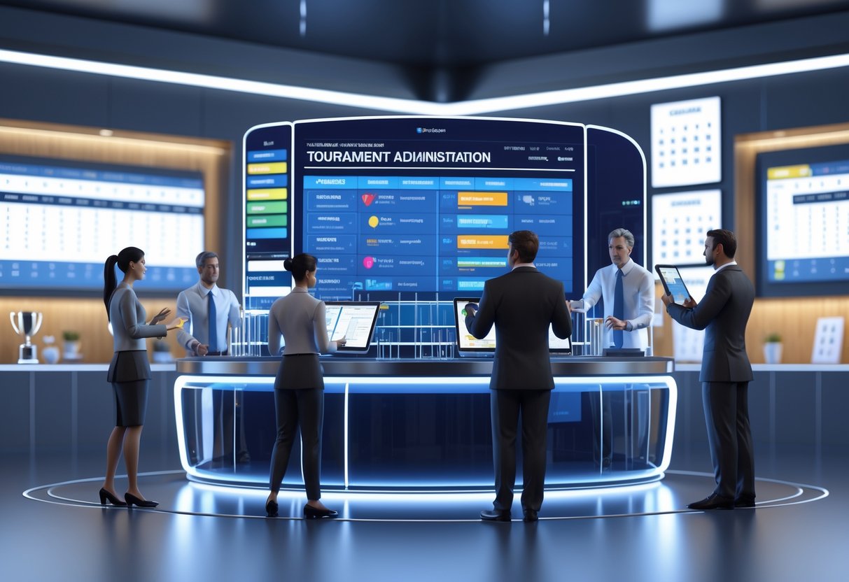 A 3D scene showing people working together in a modern office with digital screens displaying tournament information and schedules.