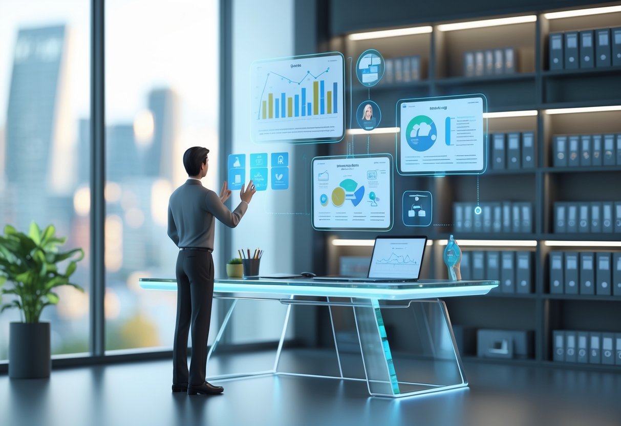 A professional analyst interacting with floating digital displays showing charts and certification icons at a modern office desk with a city view in the background.