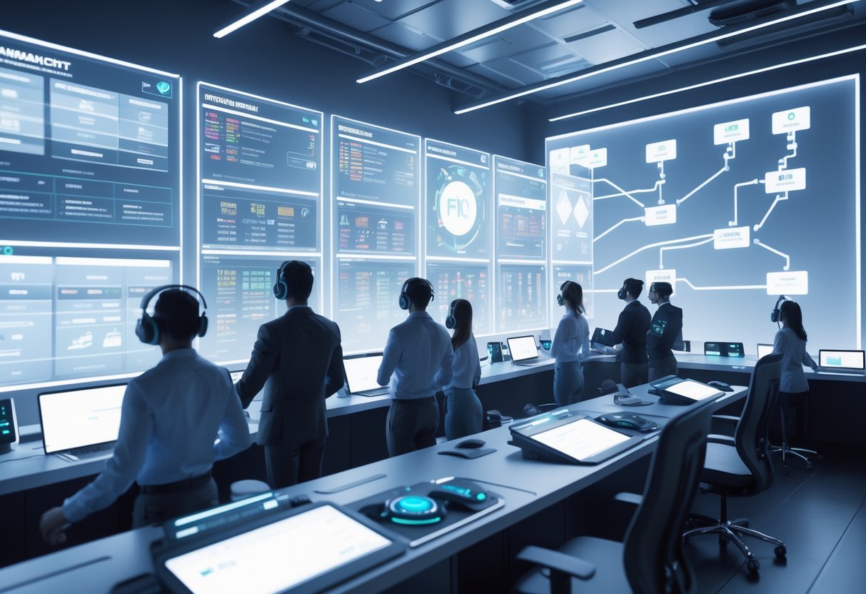 A modern control room with people managing a tournament using holographic screens and digital devices, showing career pathways and player data.