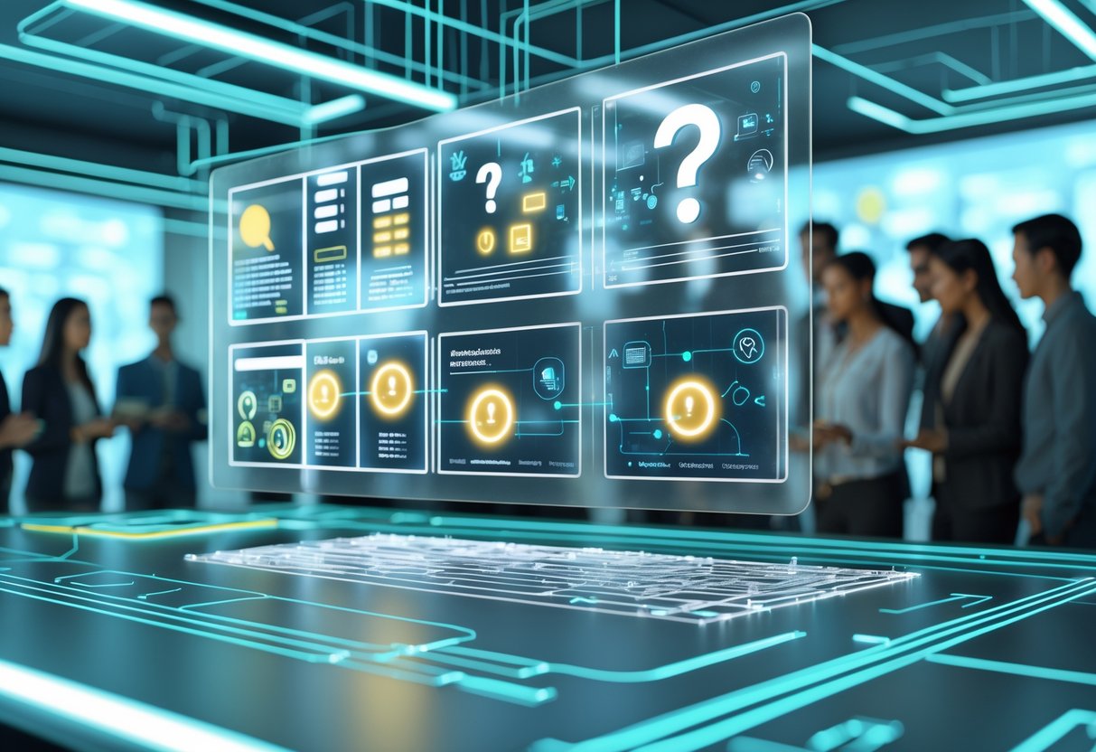 A digital workspace with holographic panels showing icons and symbols related to technical skills, with several avatars interacting in a modern tech environment.