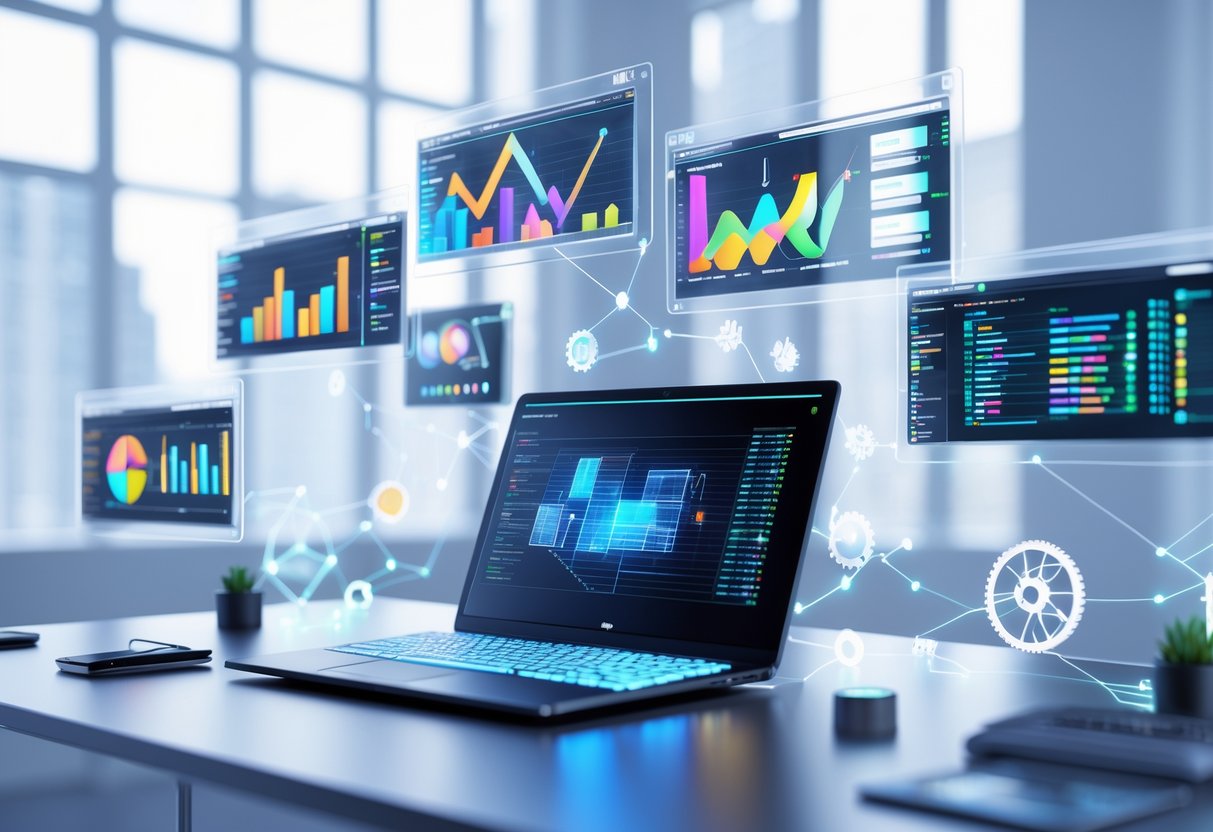 A modern workspace with holographic screens showing charts, graphs, and software icons floating above a laptop, surrounded by symbols of data analysis and interconnected tools.