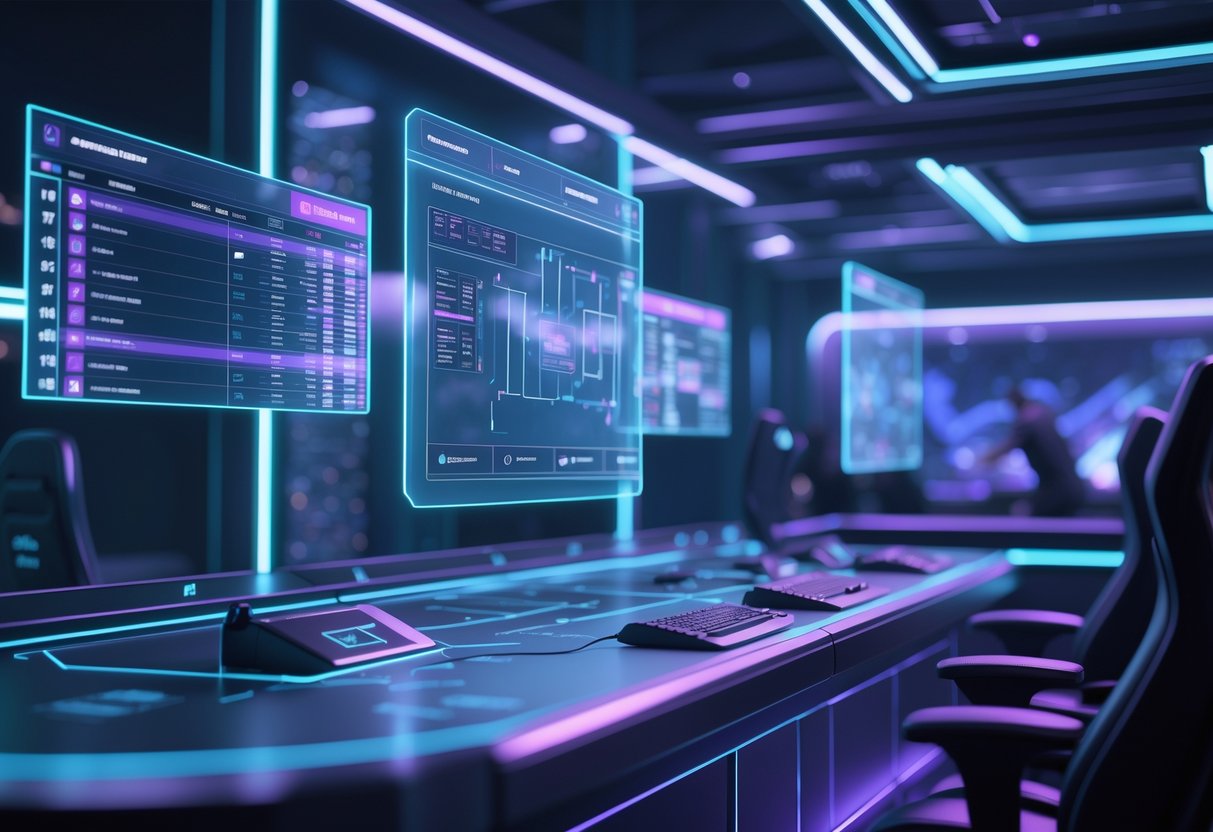A futuristic esports tournament control room with holographic screens showing player stats, match brackets, and live game feeds.