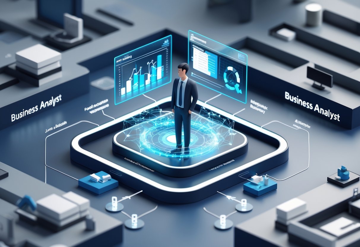 A 3D scene showing a business analyst in a modern office with holographic charts and icons representing skills and career progression pathways.