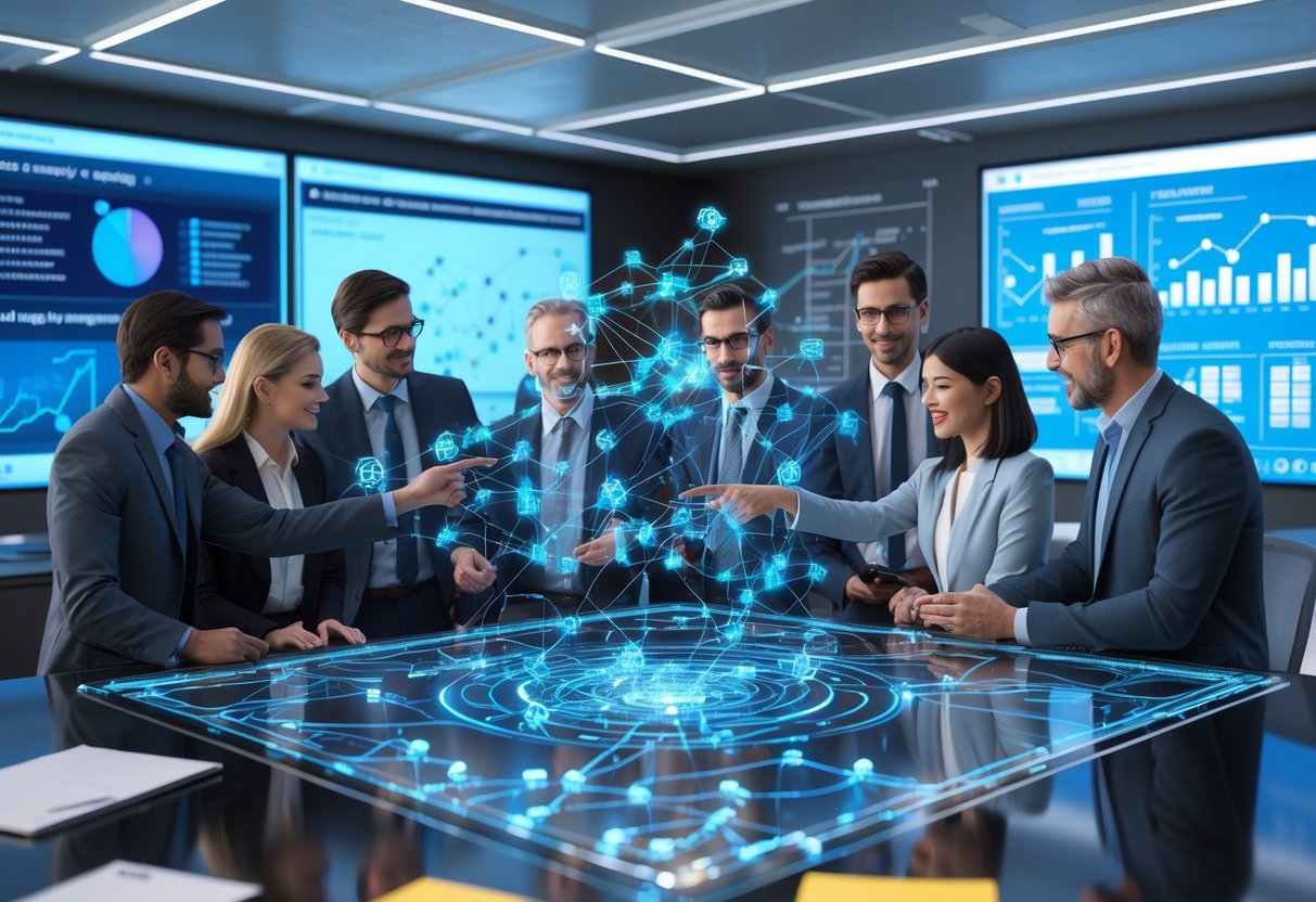 A group of professionals collaborating around a digital table with holographic charts and graphs in a modern office setting.