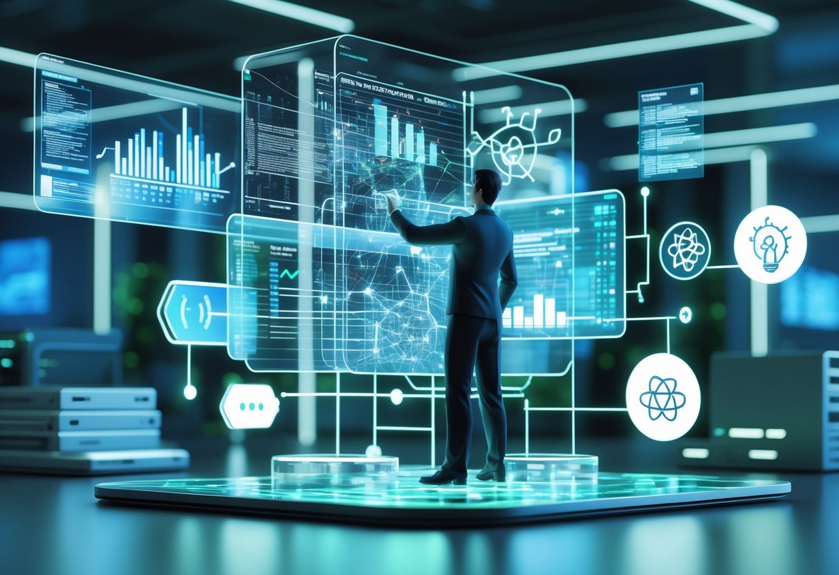 A person in a futuristic office surrounded by floating holographic charts, data visualisations, and icons representing skills like coding and communication.