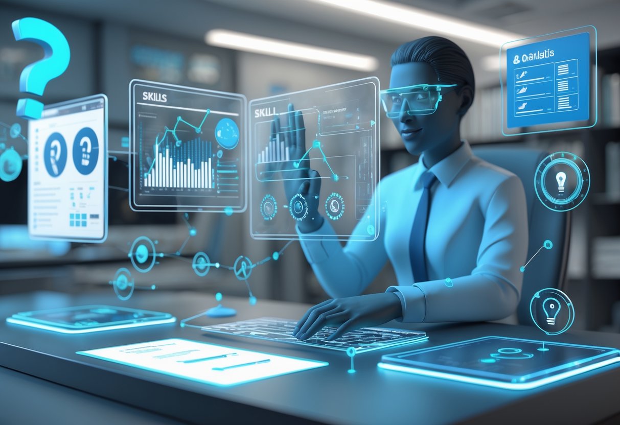 A 3D scene showing an analyst interacting with floating digital screens displaying data and skill-related icons in a modern office setting.