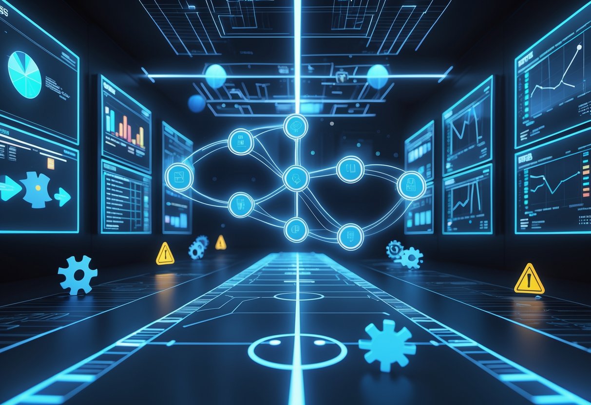 A 3D scene showing a futuristic control room with glowing digital pathways and holographic screens representing stages of tournament administration and problem-solving.