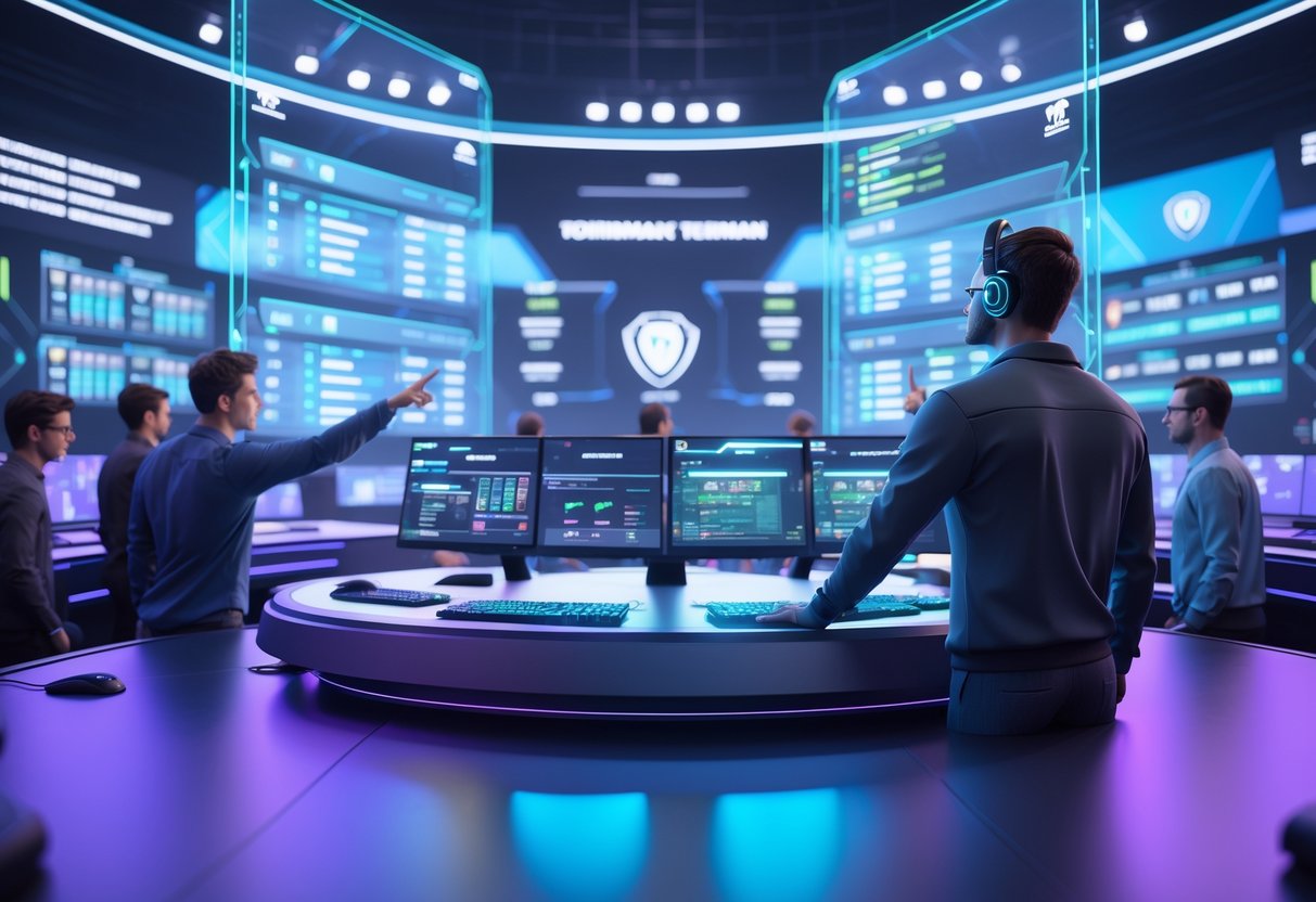 A tournament administrator overseeing a high-tech esports control room with holographic screens and team members collaborating.