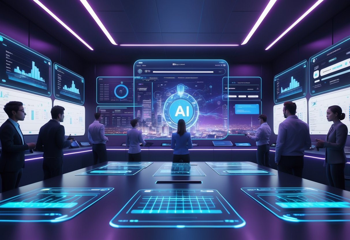 A futuristic tournament control room with holographic displays and people interacting with advanced technology.